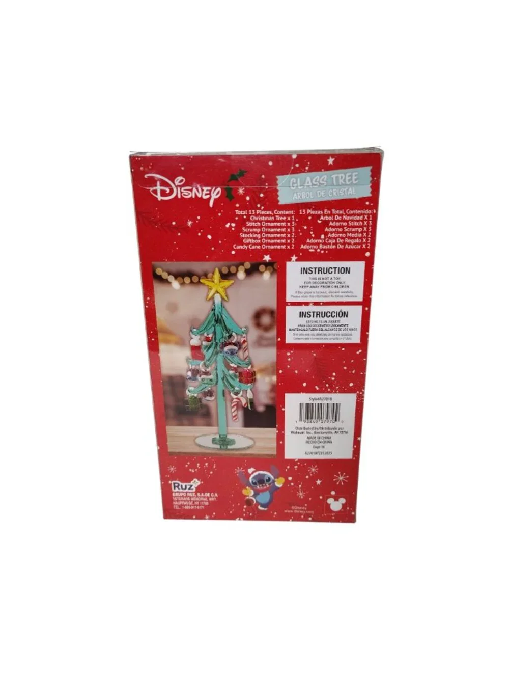 Disney Glass Christmas Tree With Stitch Ornaments and Star Topper